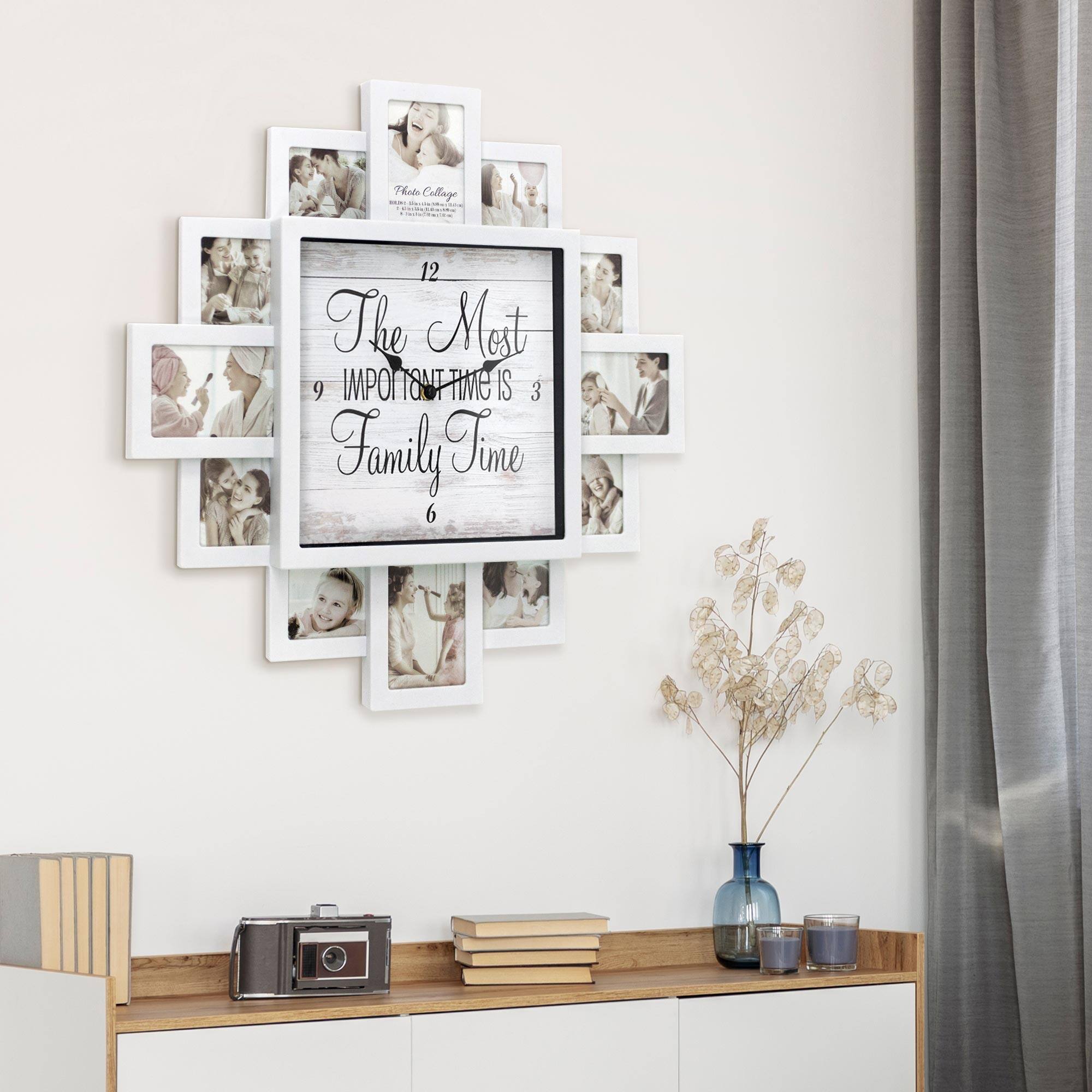 White Farmhouse Shabby-Chic "Family Time" Picture Frame Wall Collage Clock